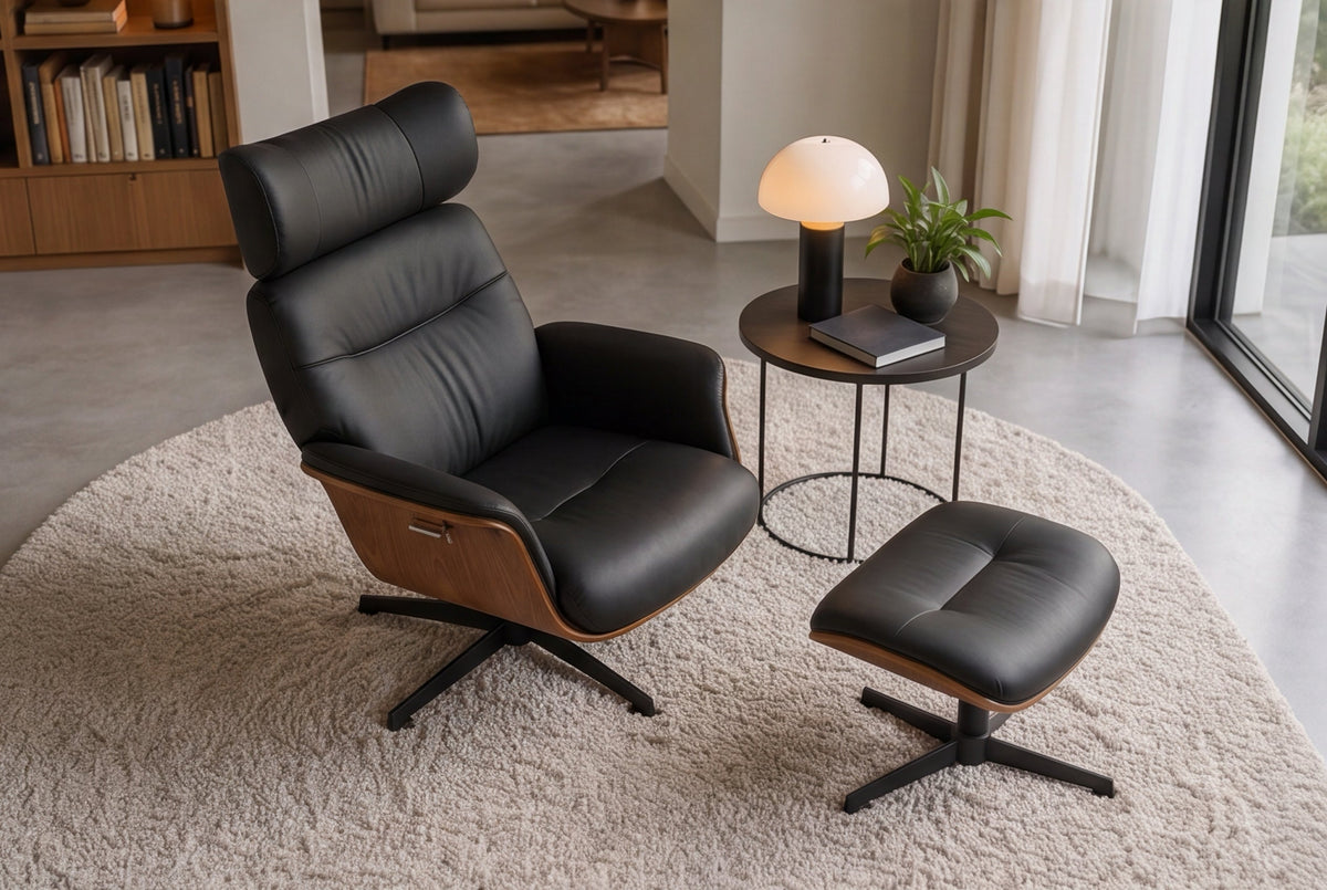 fauteuil pivotant VOGUE COMFORT noir similicuir marron design noyer avec accoudoir