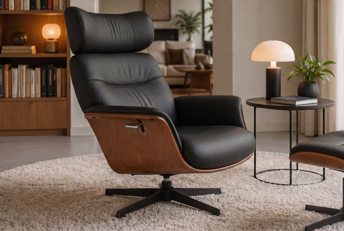 fauteuil pivotant VOGUE COMFORT noir similicuir marron design noyer avec accoudoir