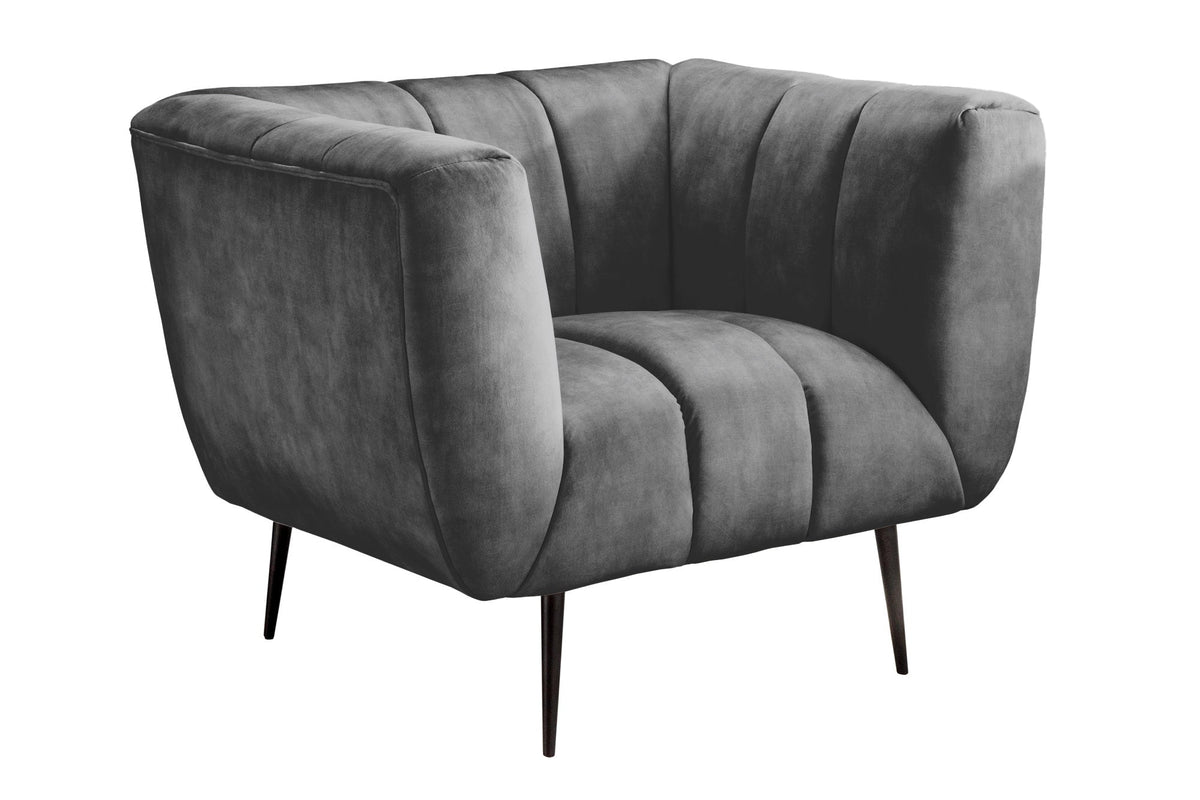 Fauteuil rétro NOBLESSE 105cm velours gris pieds métal noir âme à ressorts matelassage décoratif