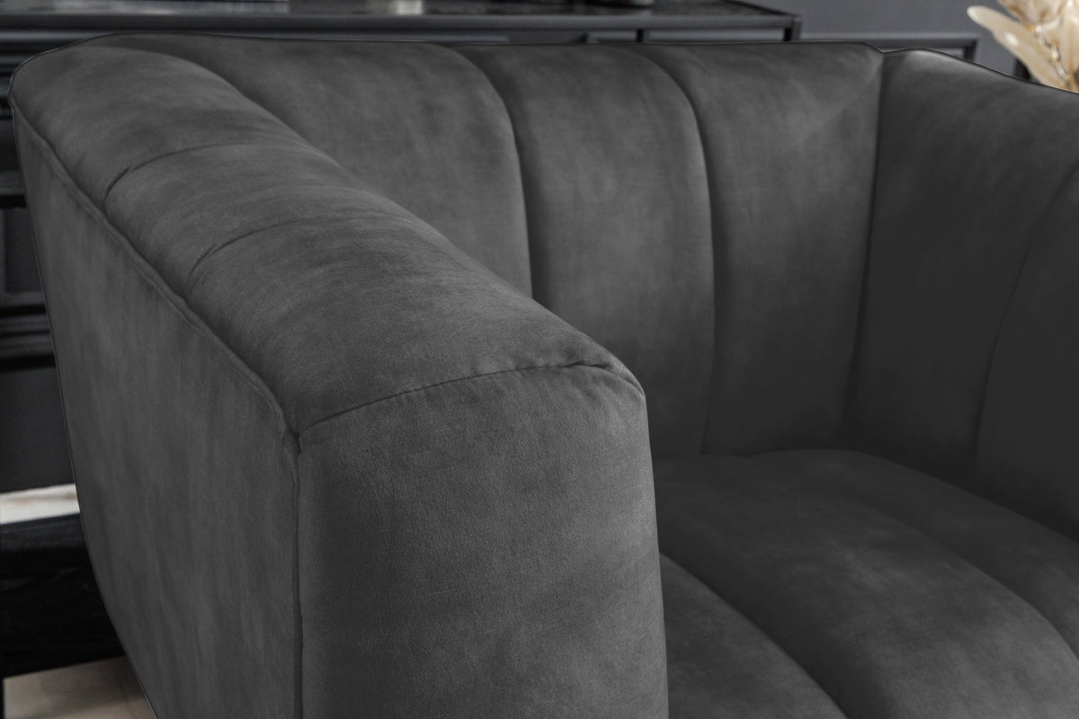 Fauteuil rétro NOBLESSE 105cm velours gris pieds métal noir âme à ressorts matelassage décoratif