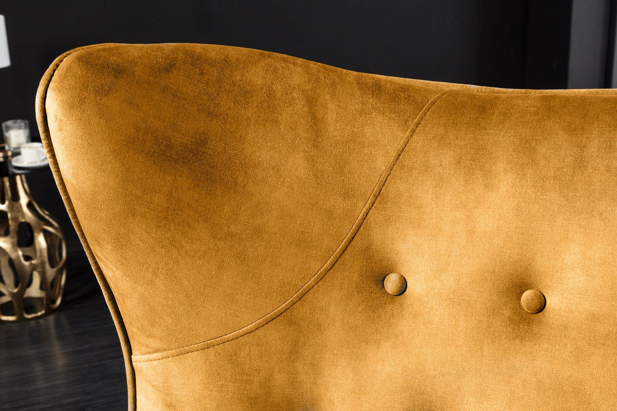 Fauteuil XL design AMSTERDAM velours jaune moutarde pieds métal noir style rétro