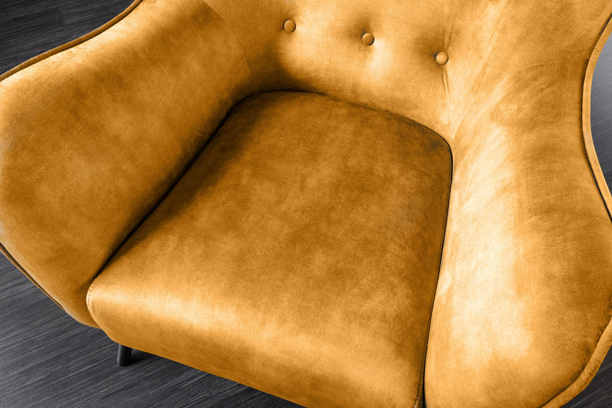Fauteuil XL design AMSTERDAM velours jaune moutarde pieds métal noir style rétro