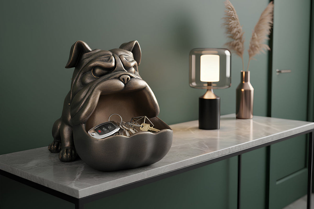 Figurine décorative BULLDOG 30cm bronze avec compartiment de rangement fait main