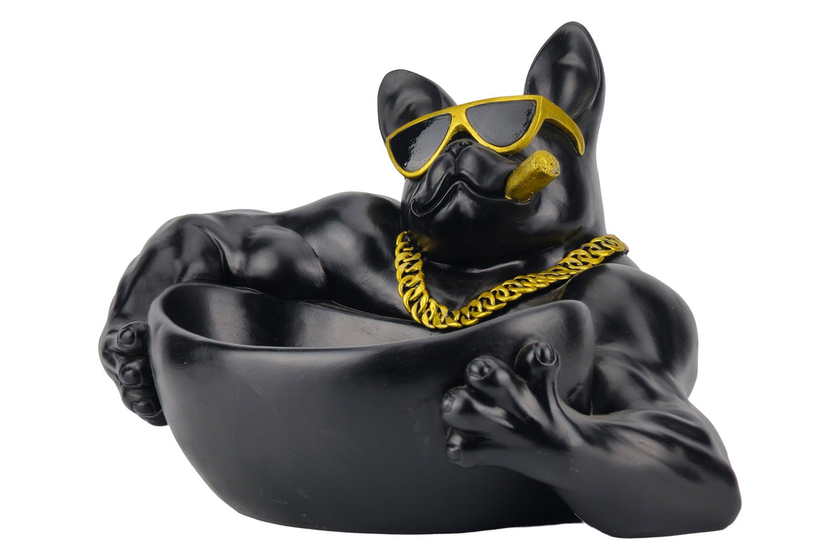 Figurine décorative BULLDOG 35cm noir handmade bol avec compartiment de rangement