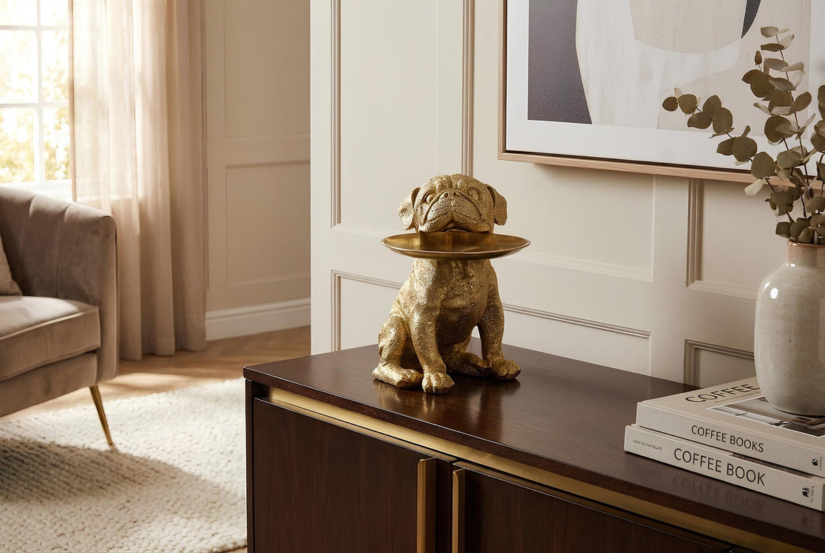 Figurine décorative BULLDOG 35cm or tirelire avec plateau de rangement faite à la main
