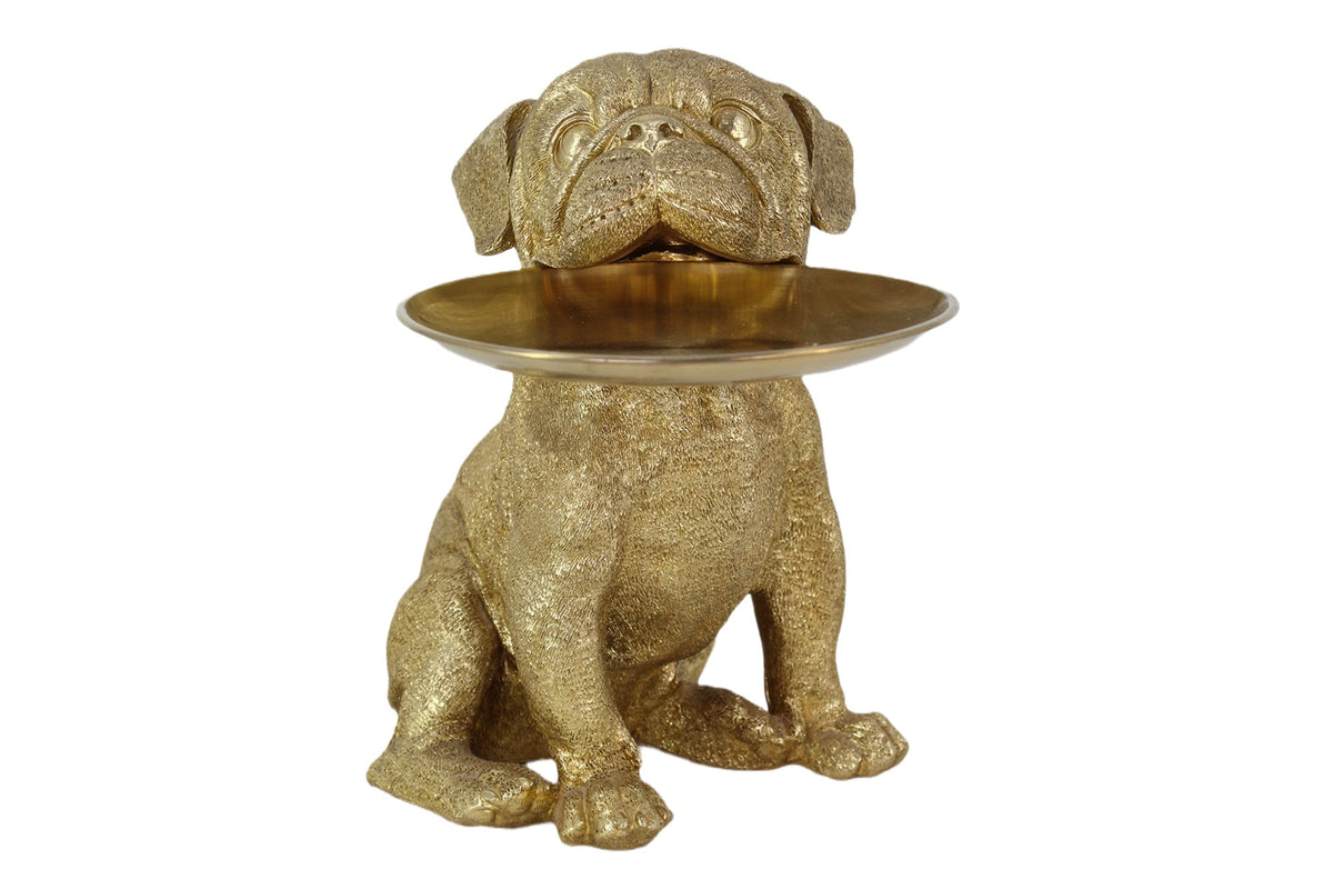 Figurine décorative BULLDOG 35cm or tirelire avec plateau de rangement faite à la main