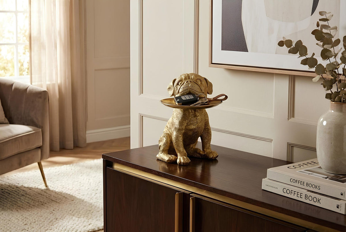 Figurine décorative BULLDOG 35cm or tirelire avec plateau de rangement faite à la main