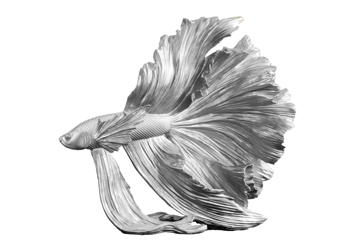 Figurine décorative design poisson combattant CROWNTAIL 35cm sculpture poisson Betta argent