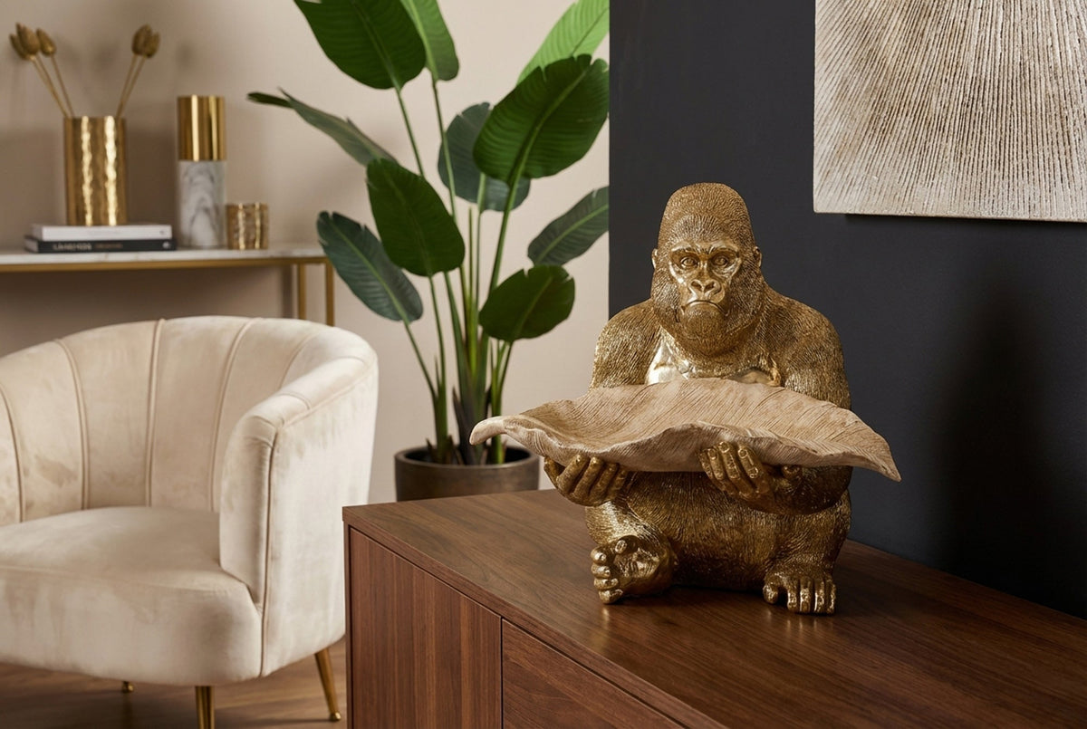 Figurine décorative GORILLA 40cm gold beige handmade avec bol au design feuille