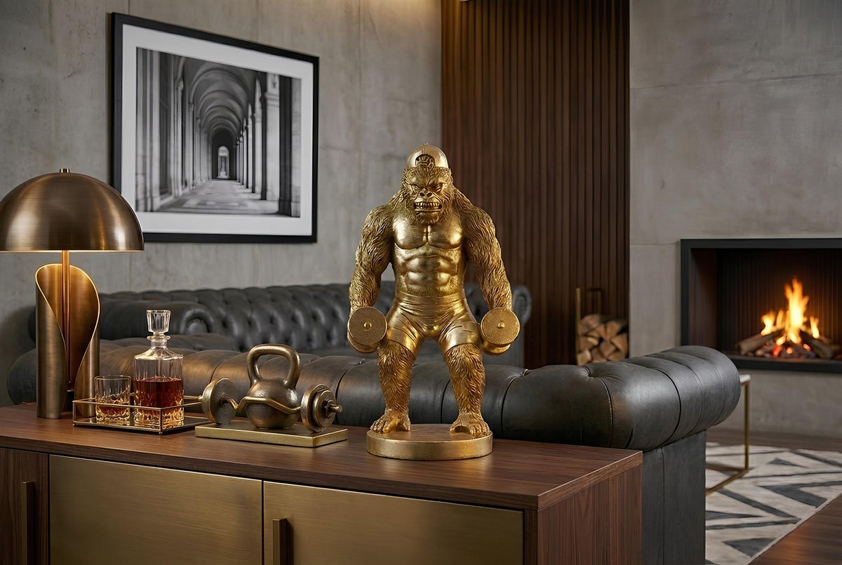 Figurine décorative KING APE 35cm or Gorilla avec haltères fait à la main