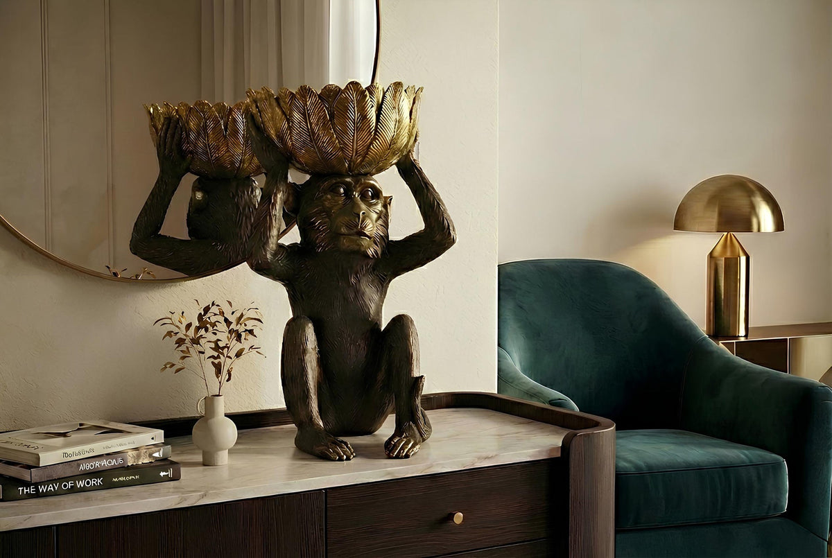 Figurine décorative MONKEY 50cm noir et or singe avec bol handmade