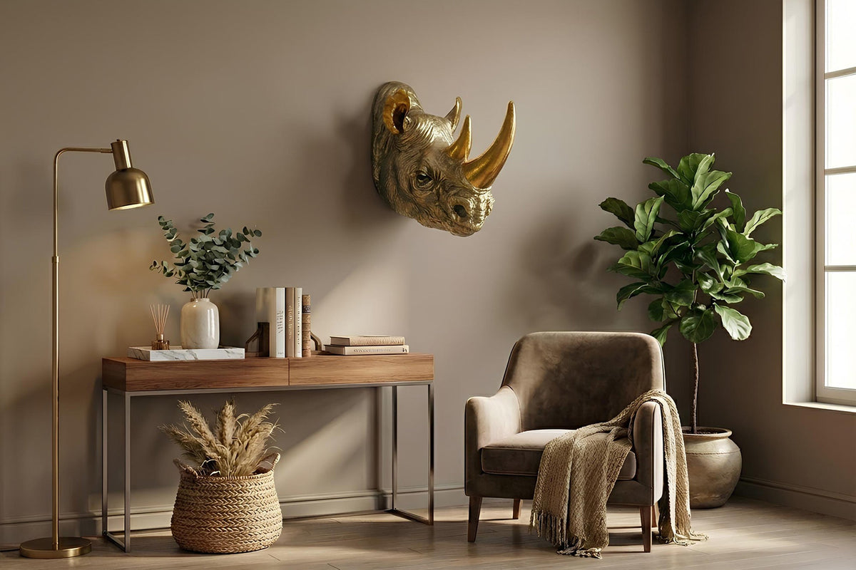 figurine murale décorative RHINO 40cm gold handmade sculpture de rhinocéros