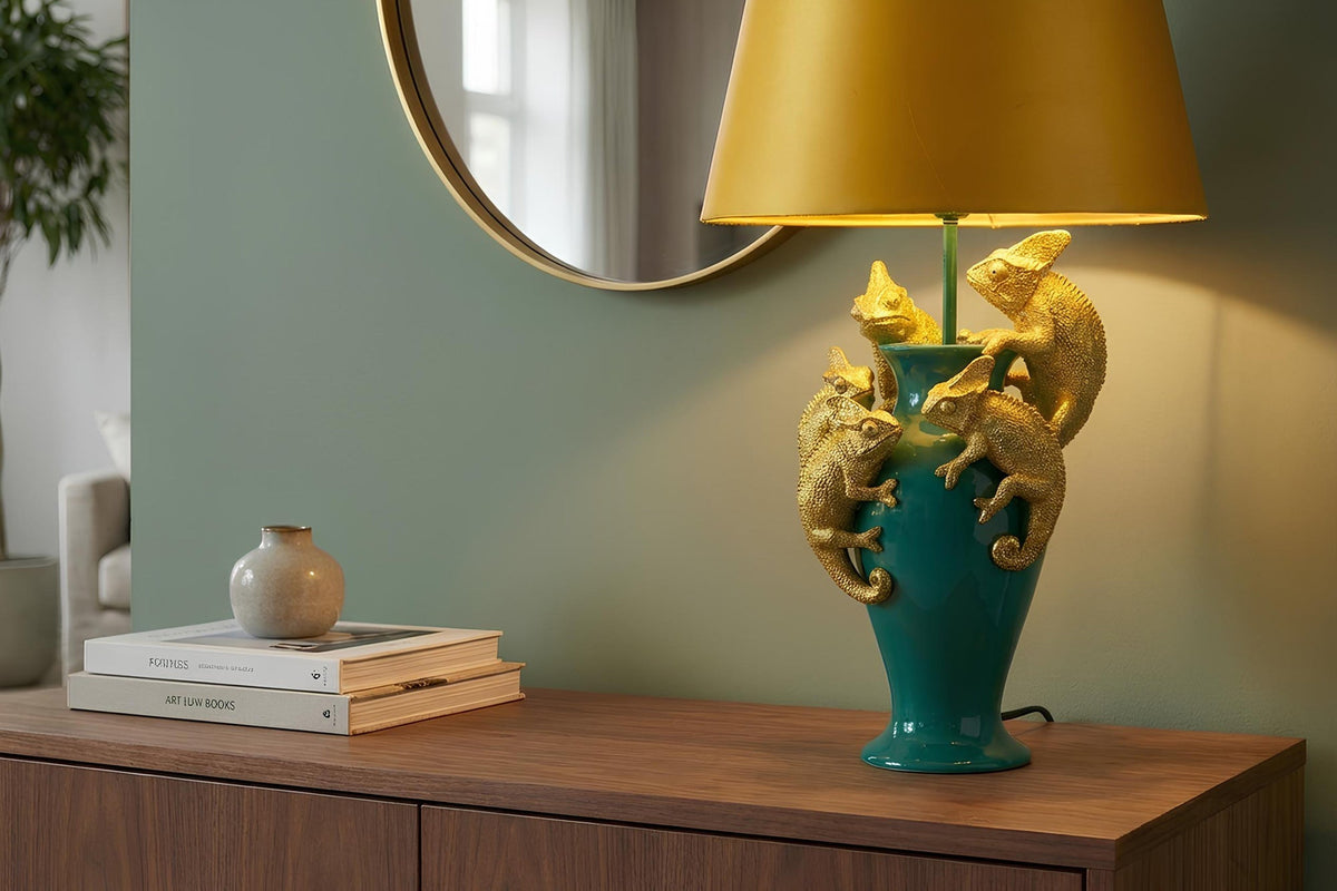 Handgefertigte Tischlampe CHAMELEON 55cm grün gold Skulptur gelber Stoffschirm