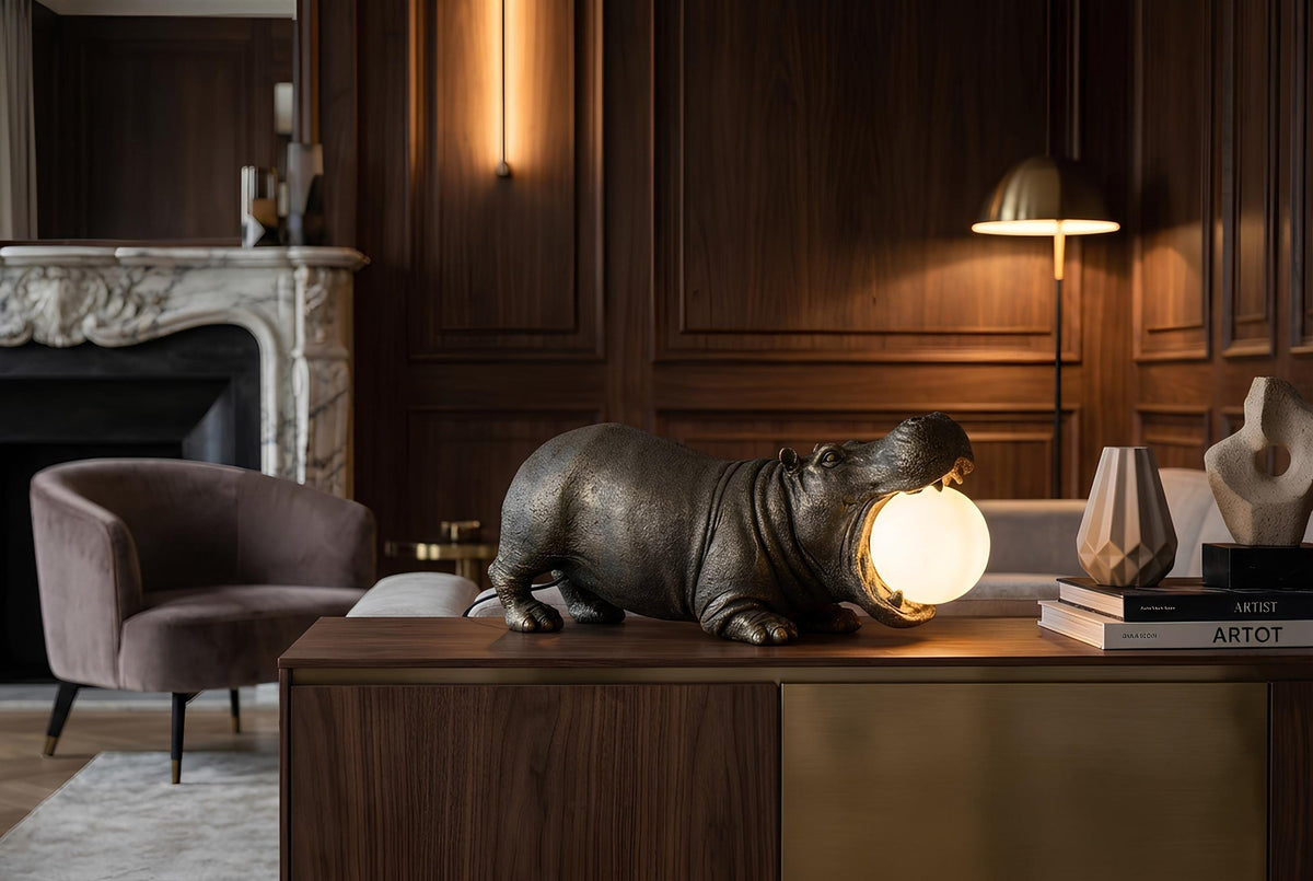 Handgefertigte Tischlampe HIPPO 45cm schwarz Nilpferd-Skulptur mit Lampenkugel
