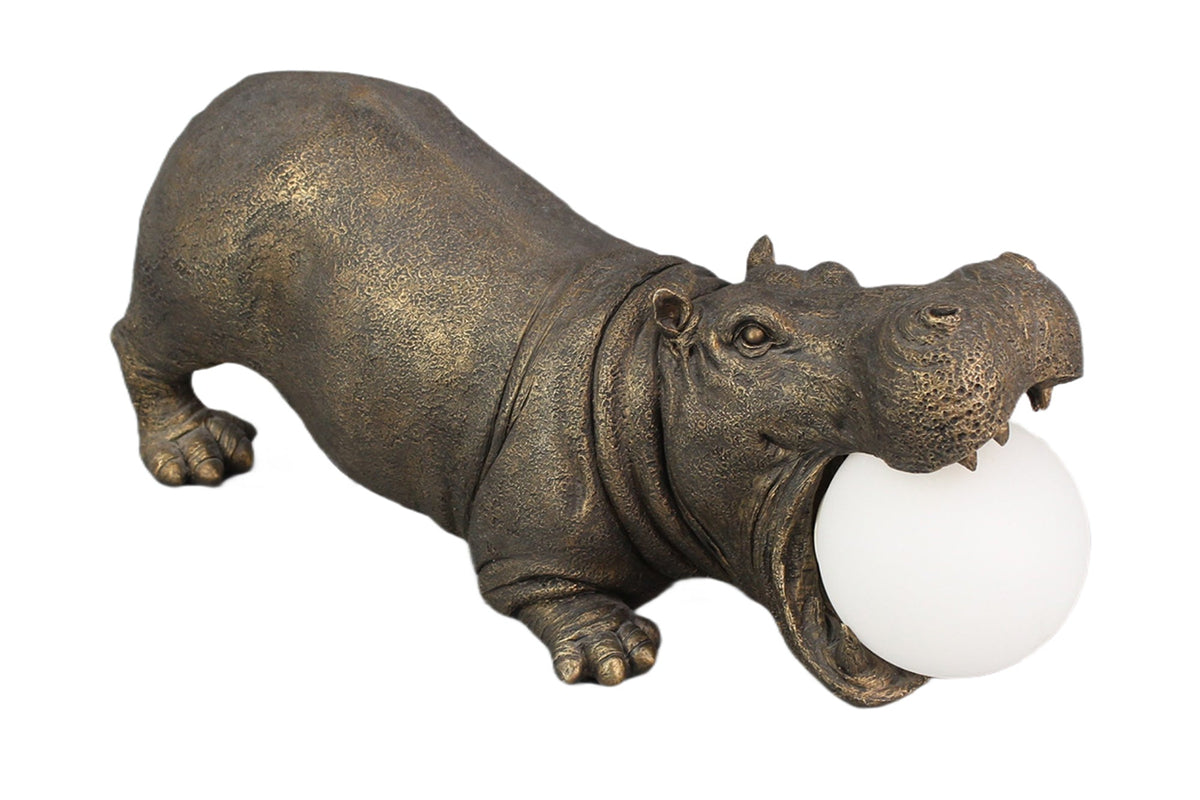 Handgefertigte Tischlampe HIPPO 45cm schwarz Nilpferd-Skulptur mit Lampenkugel