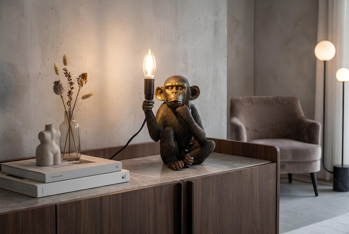 Handgefertigte Tischlampe SCHIMPANZEE 25cm schwarz Affen-Skulptur