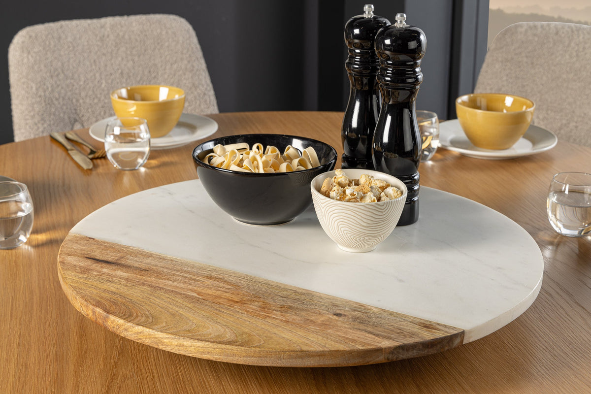 Handgefertigter Drehteller SERVANT 50cm weiß natur Marmor Mangoholz Dekoplatte rund