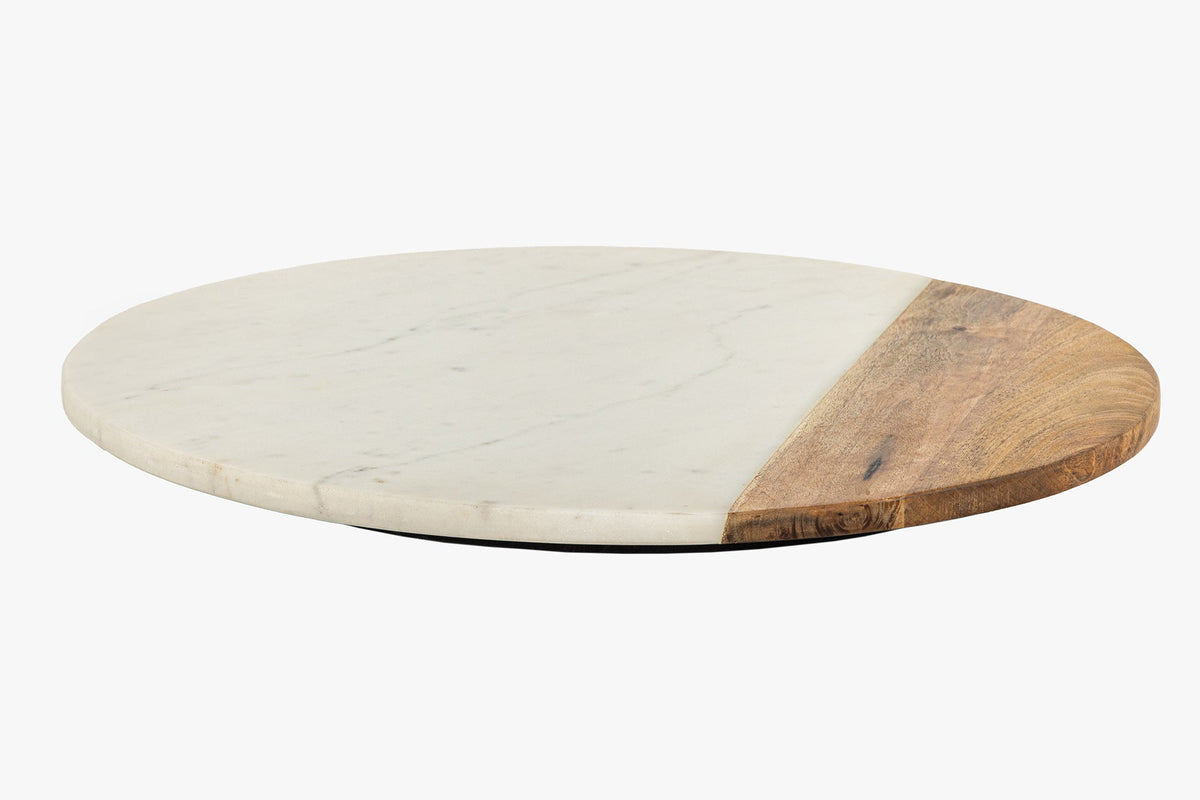Handgefertigter Drehteller SERVANT 50cm weiß natur Marmor Mangoholz Dekoplatte rund