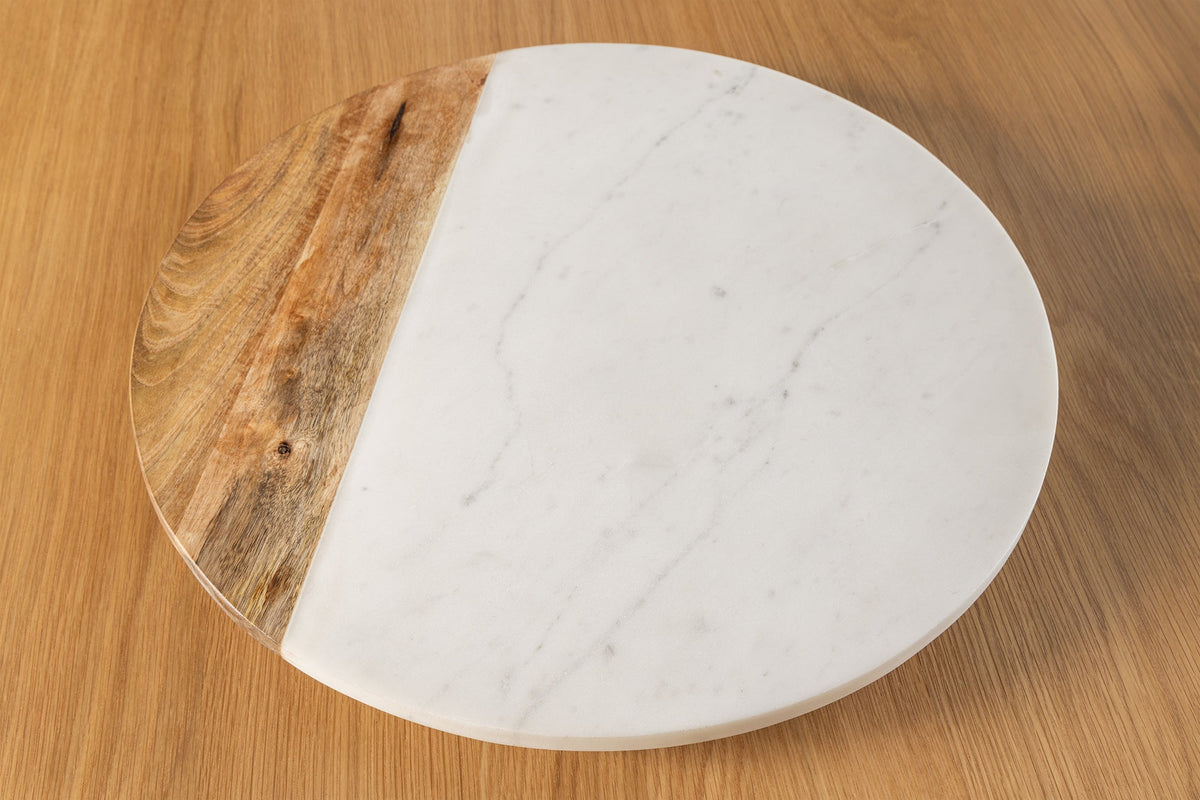 Handgefertigter Drehteller SERVANT 50cm weiß natur Marmor Mangoholz Dekoplatte rund