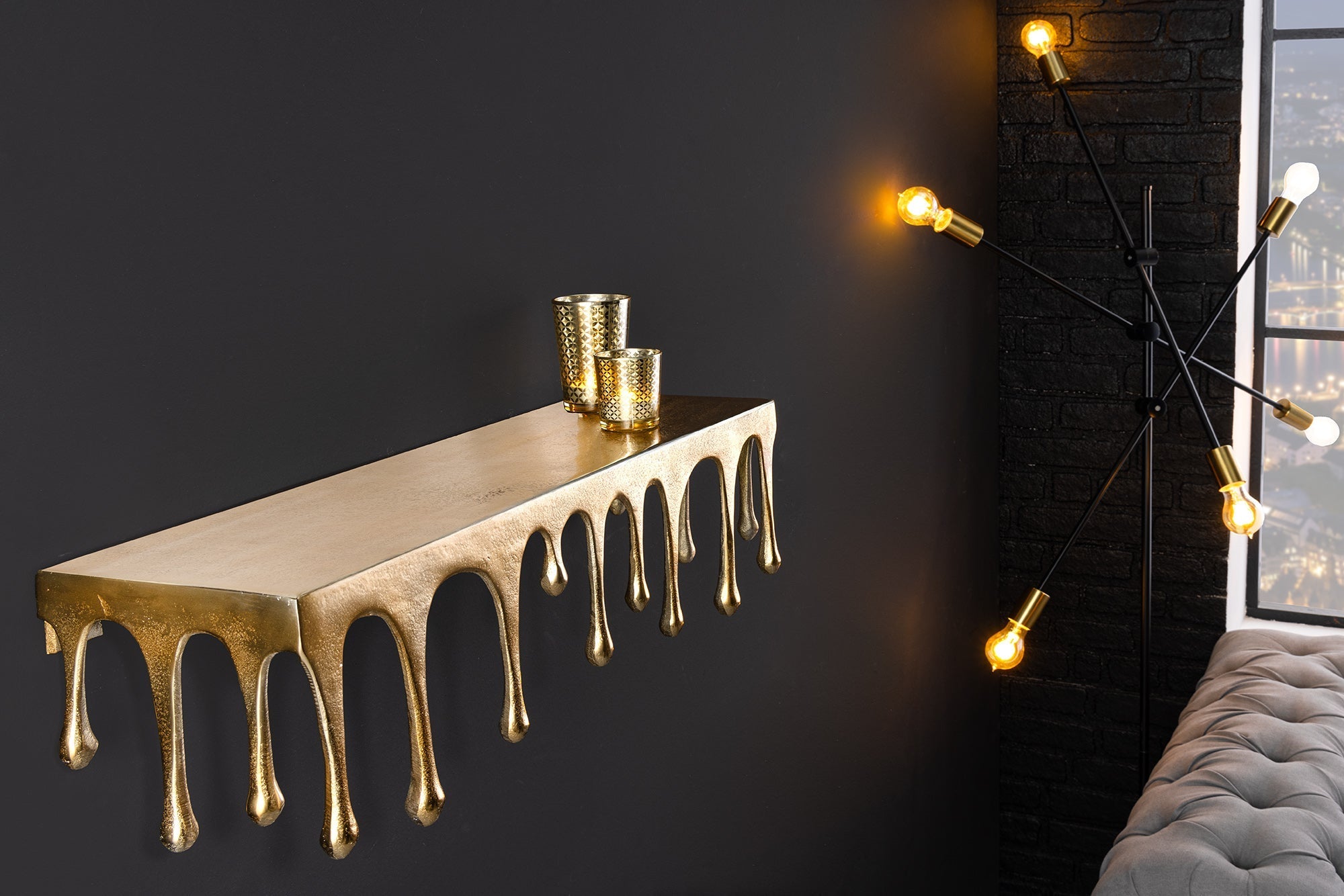 Handgefertigtes Wandregal LIQUID LINE 60cm gold antik Metall Tropfen-Design