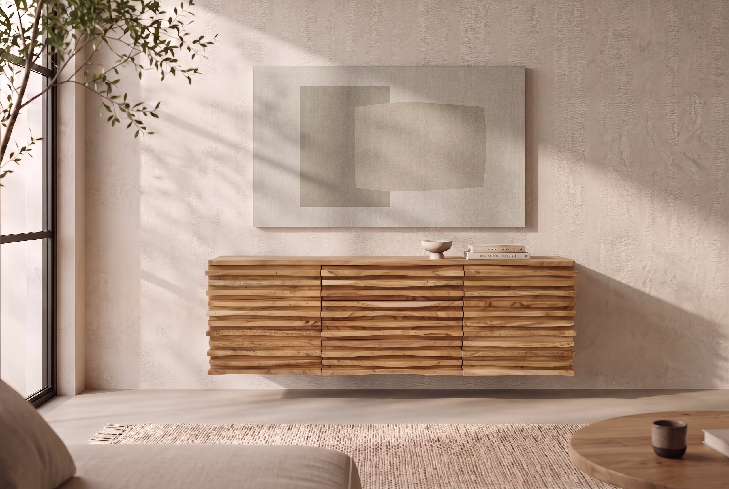 Hängendes Sideboard RELIEF 175cm natur Akazie Massivholz mit Schubladen