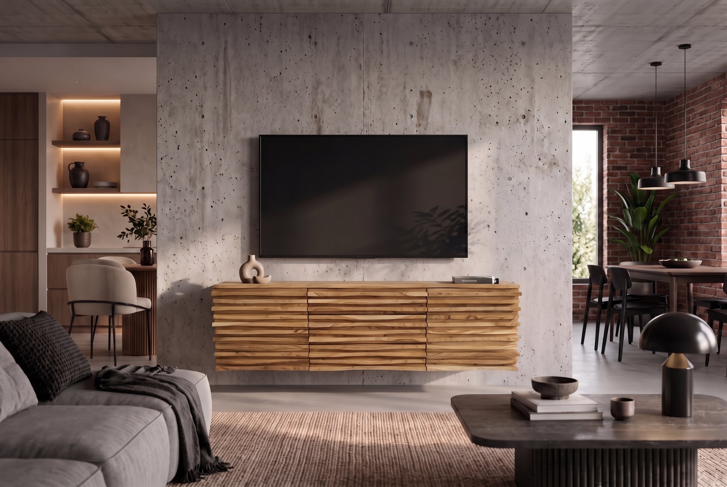 Hängendes Sideboard RELIEF 175cm natur Akazie Massivholz mit Schubladen