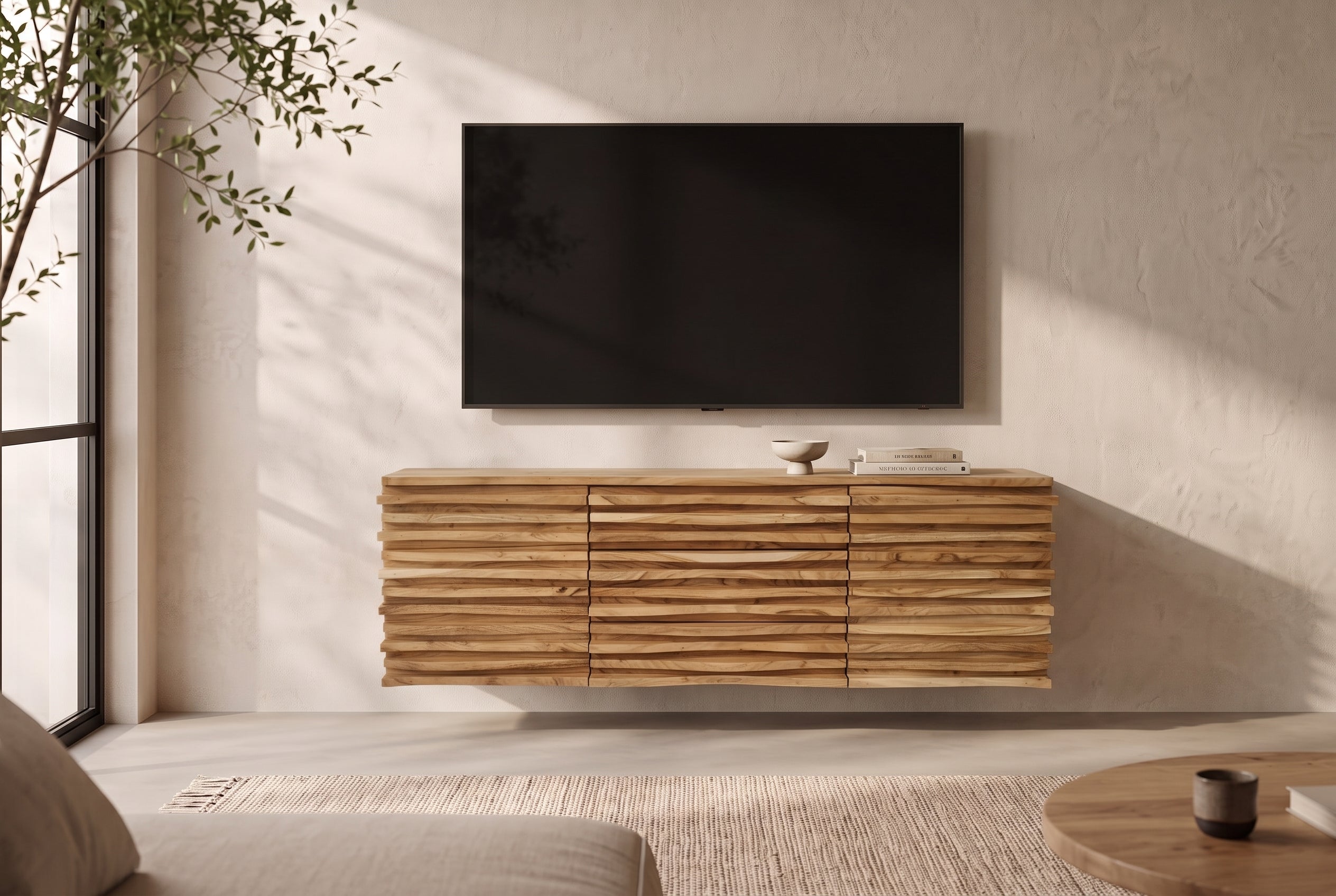 Hängendes Sideboard RELIEF 175cm natur Akazie Massivholz mit Schubladen