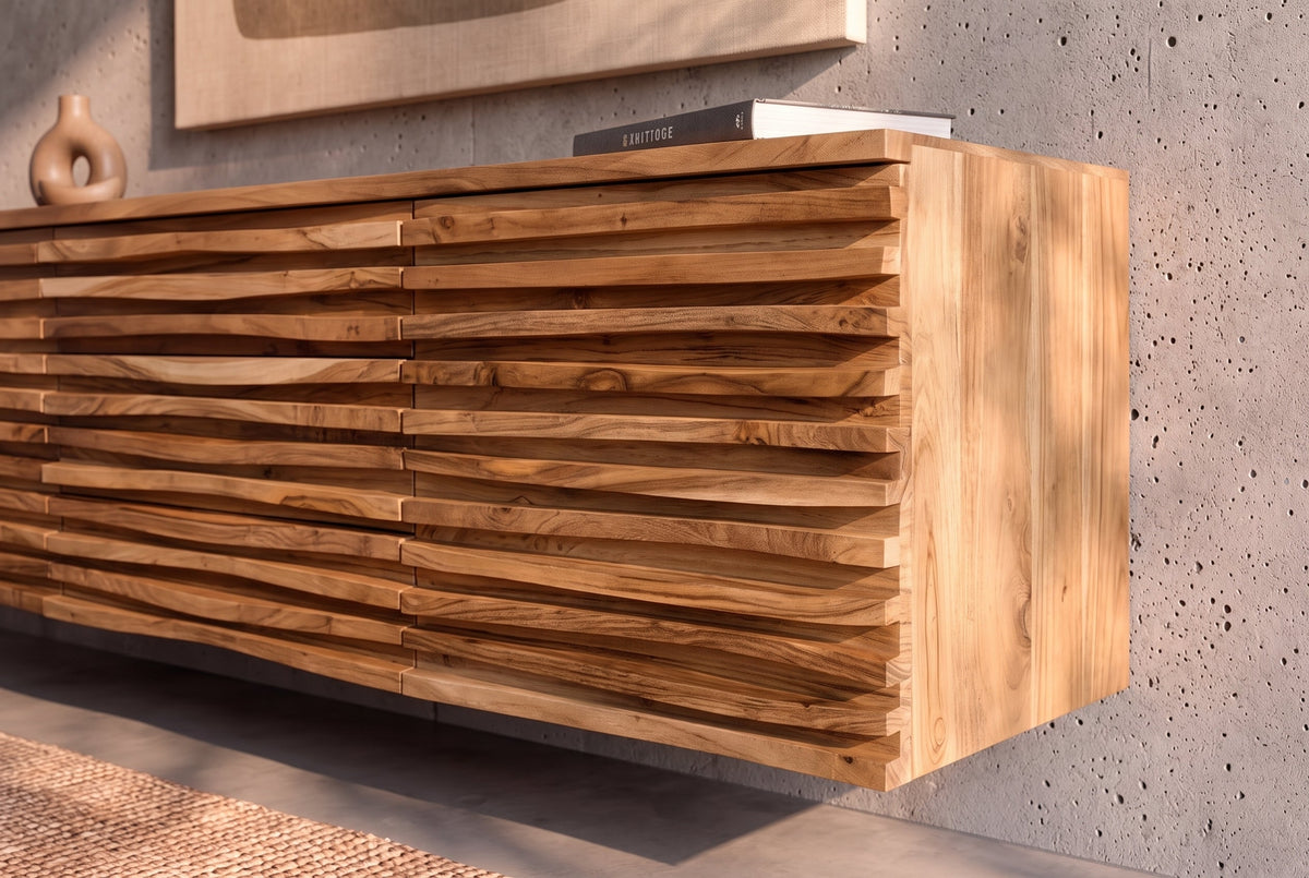 Hängendes Sideboard RELIEF 175cm natur Akazie Massivholz mit Schubladen