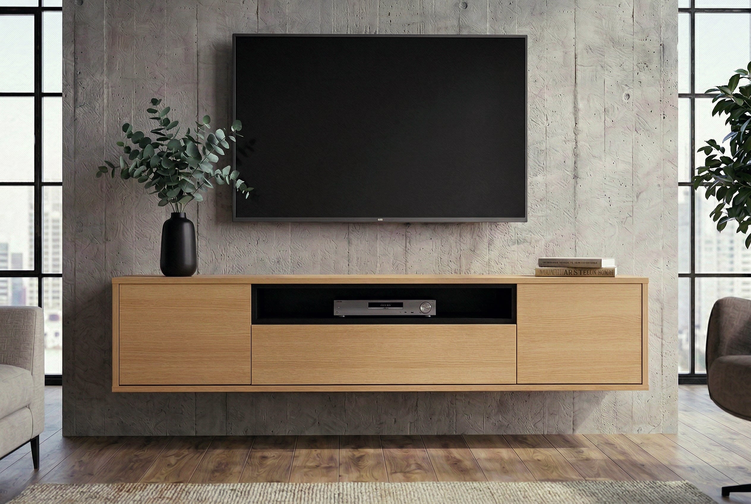 Hängendes TV-Board LOFT 150cm natur schwarz fünf Fächer mit Schublade