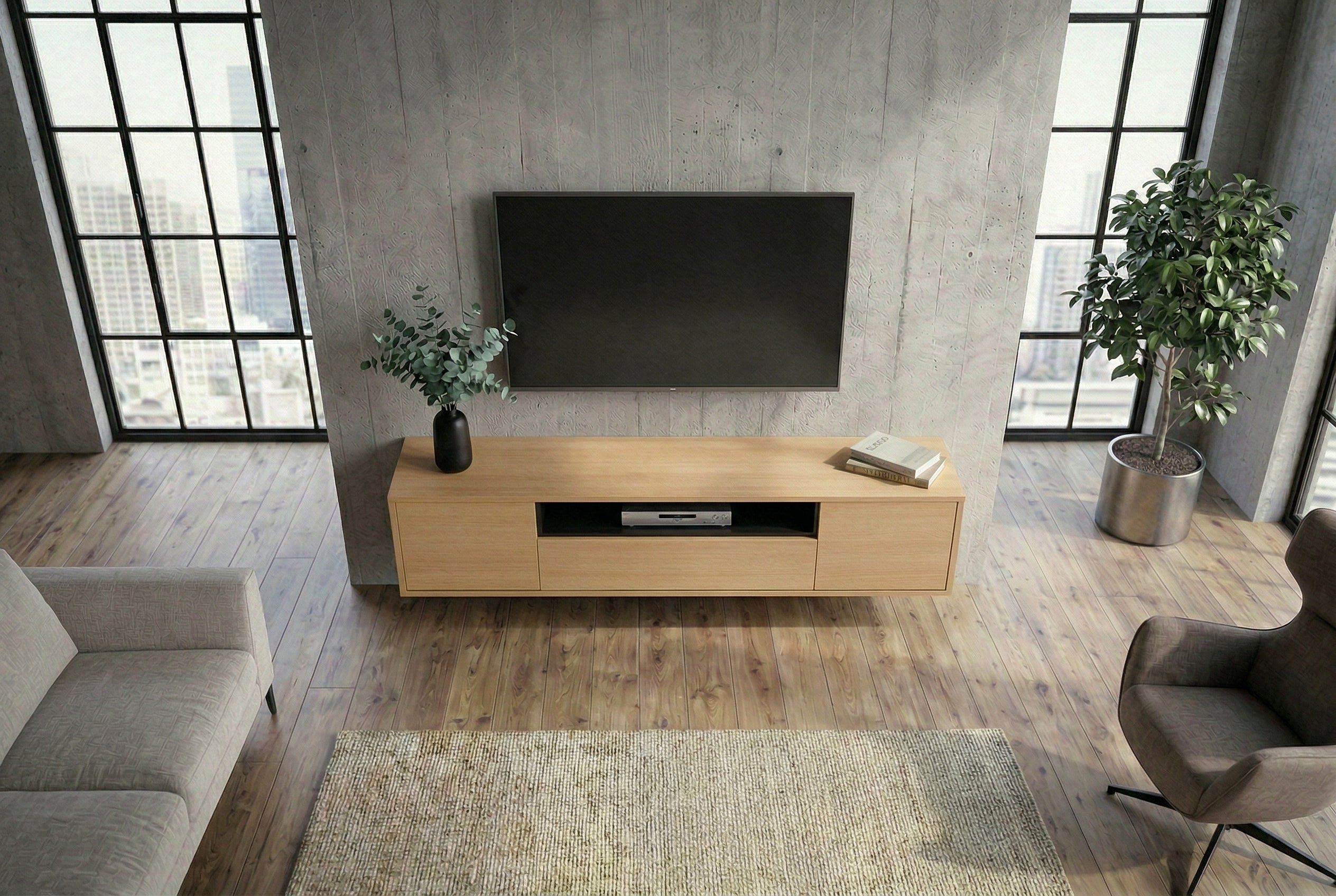 Hängendes TV-Board LOFT 150cm natur schwarz fünf Fächer mit Schublade