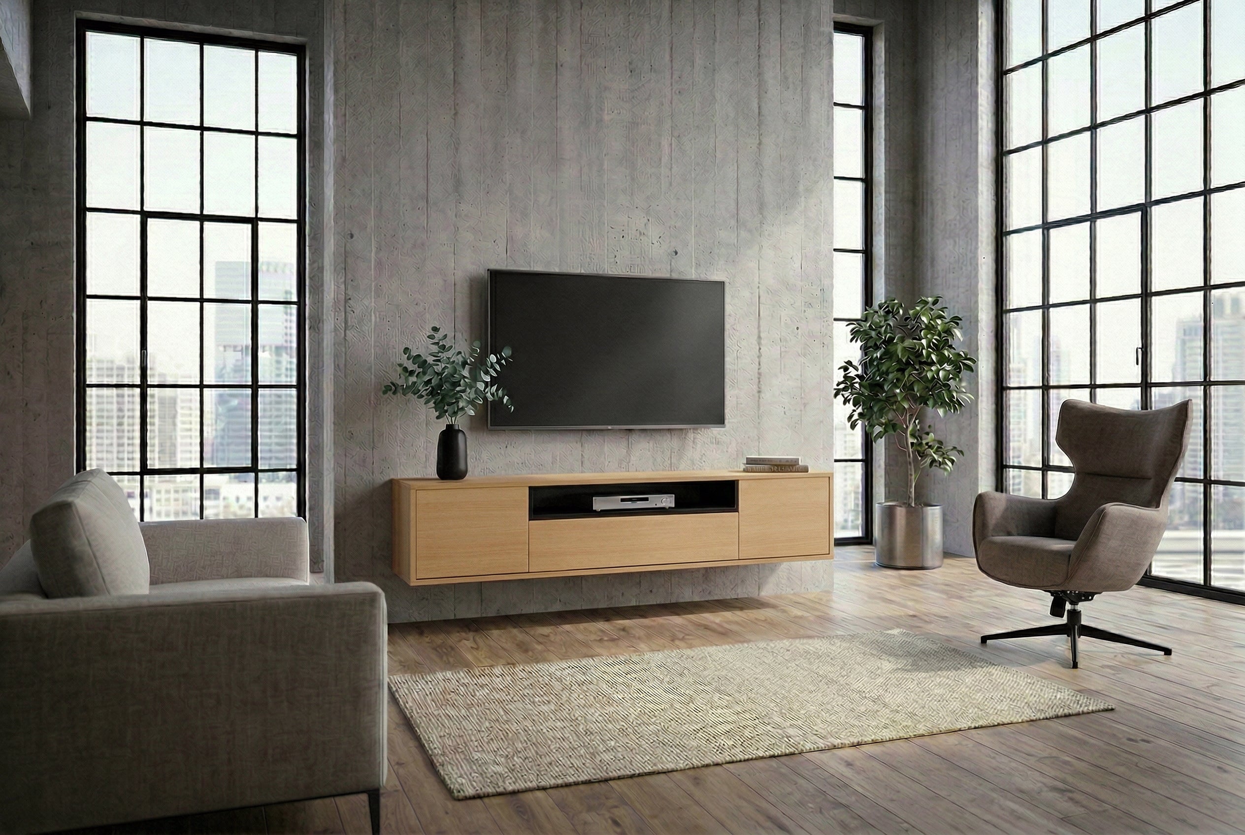 Hängendes TV-Board LOFT 150cm natur schwarz fünf Fächer mit Schublade