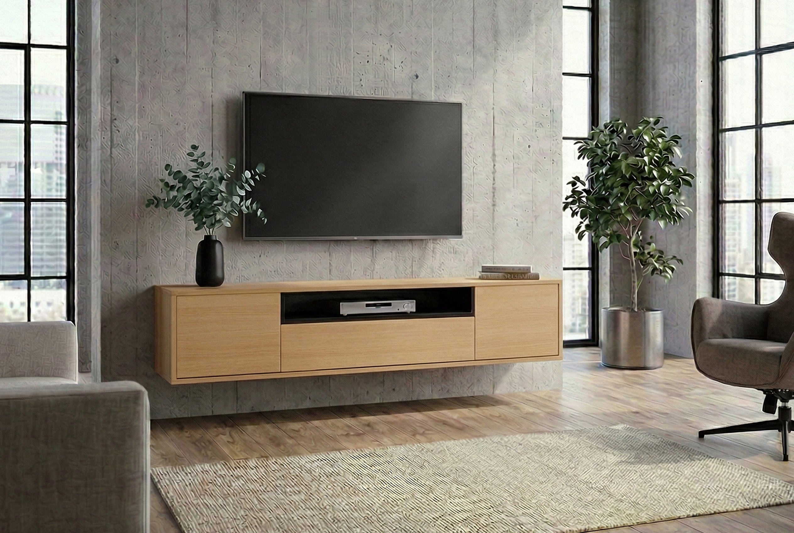 Hängendes TV-Board LOFT 150cm natur schwarz fünf Fächer mit Schublade