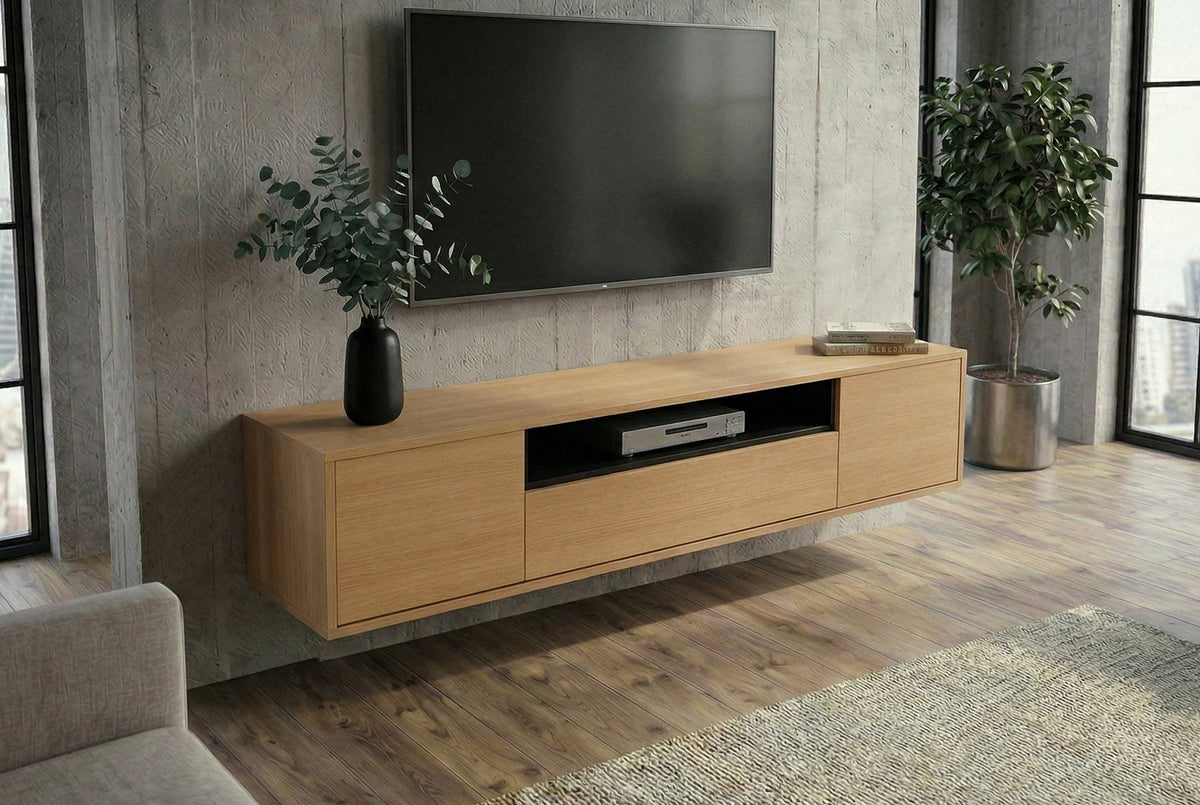 Hängendes TV-Board LOFT 150cm natur schwarz fünf Fächer mit Schublade