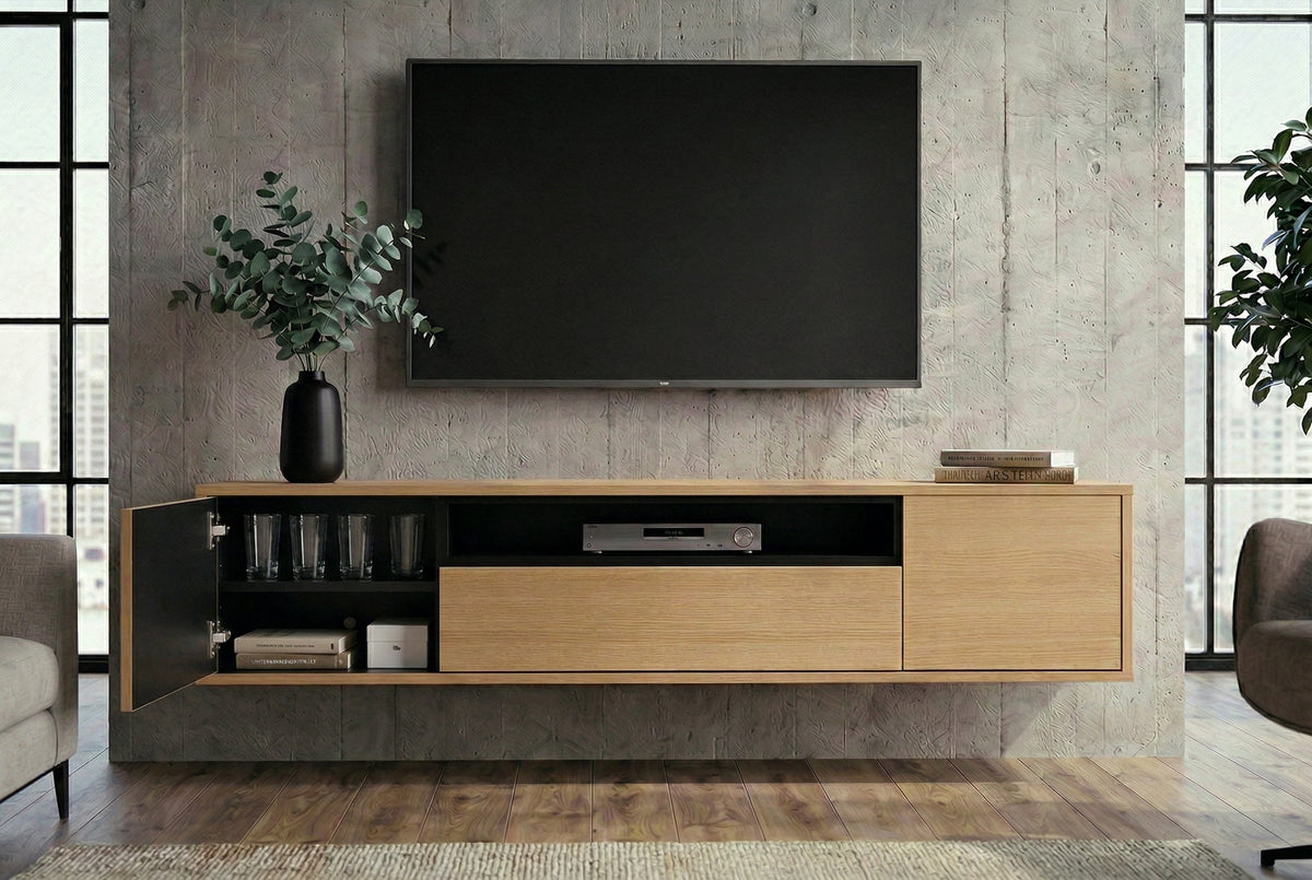 Hängendes TV-Board LOFT 150cm natur schwarz fünf Fächer mit Schublade