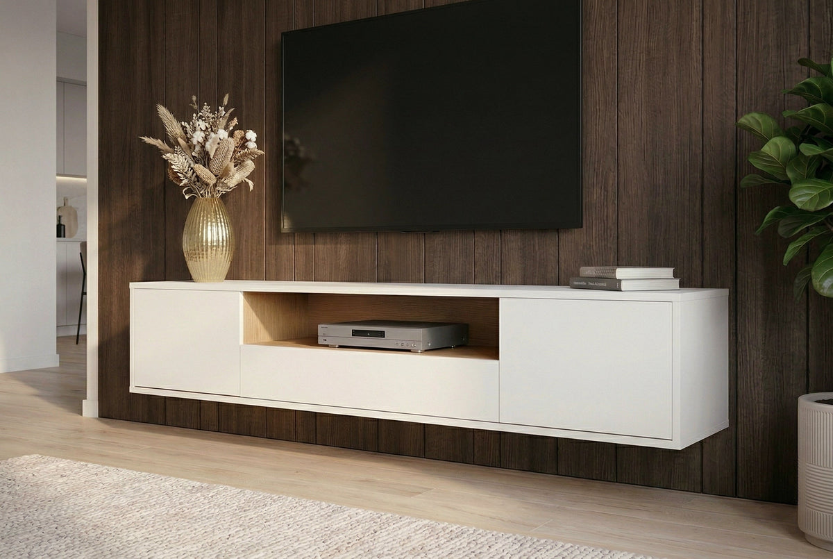 Hängendes TV-Board LOFT 150cm weiß natur fünf Fächer mit Schublade