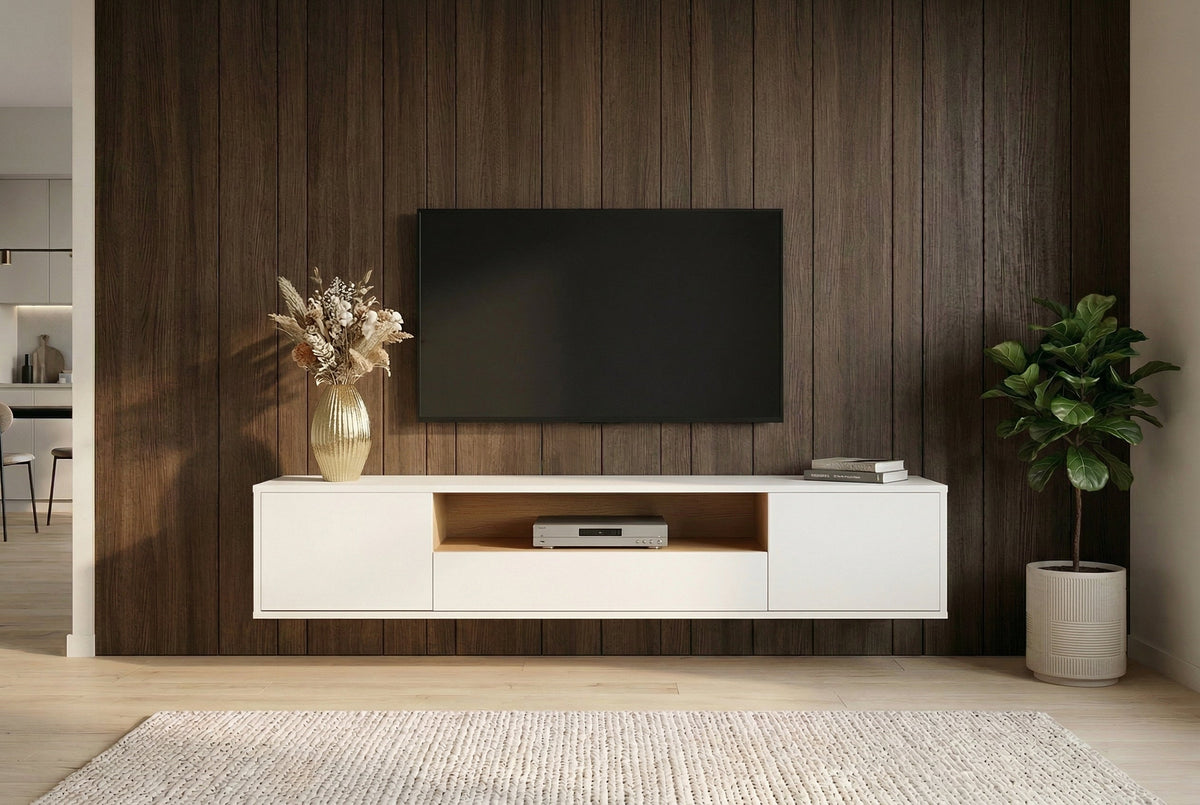 Hängendes TV-Board LOFT 150cm weiß natur fünf Fächer mit Schublade
