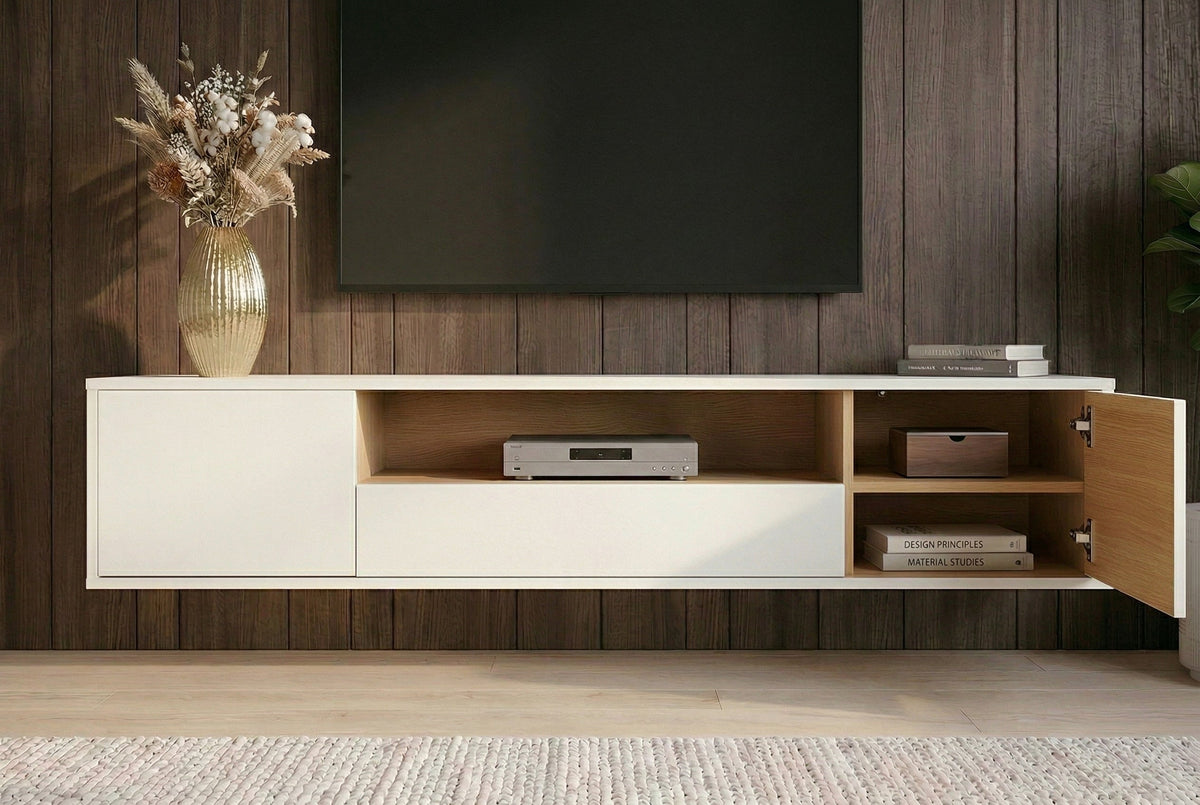 Hängendes TV-Board LOFT 150cm weiß natur fünf Fächer mit Schublade