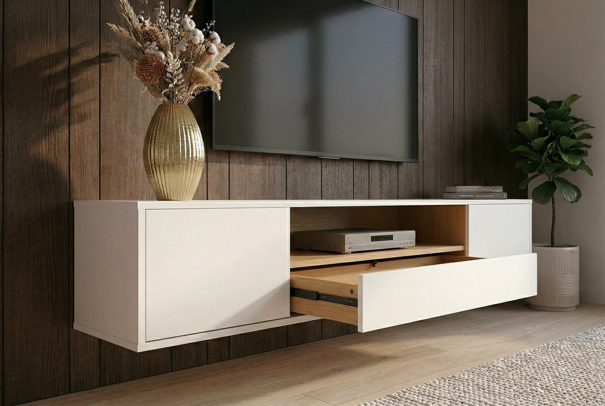 Hängendes TV-Board LOFT 150cm weiß natur fünf Fächer mit Schublade