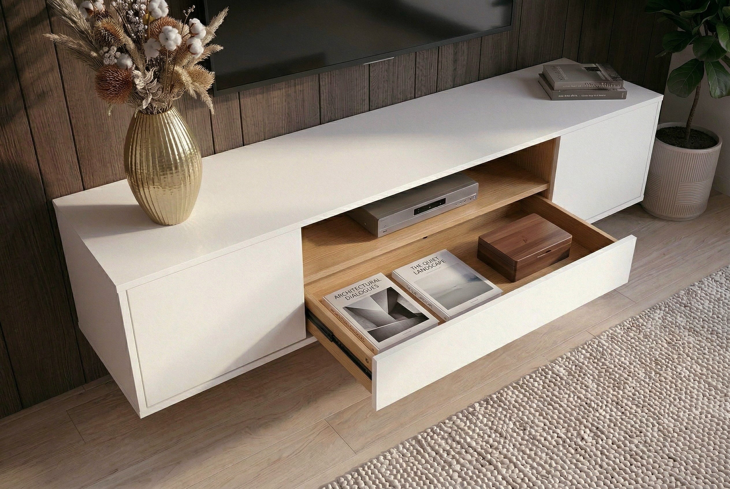 Hängendes TV-Board LOFT 150cm weiß natur fünf Fächer mit Schublade