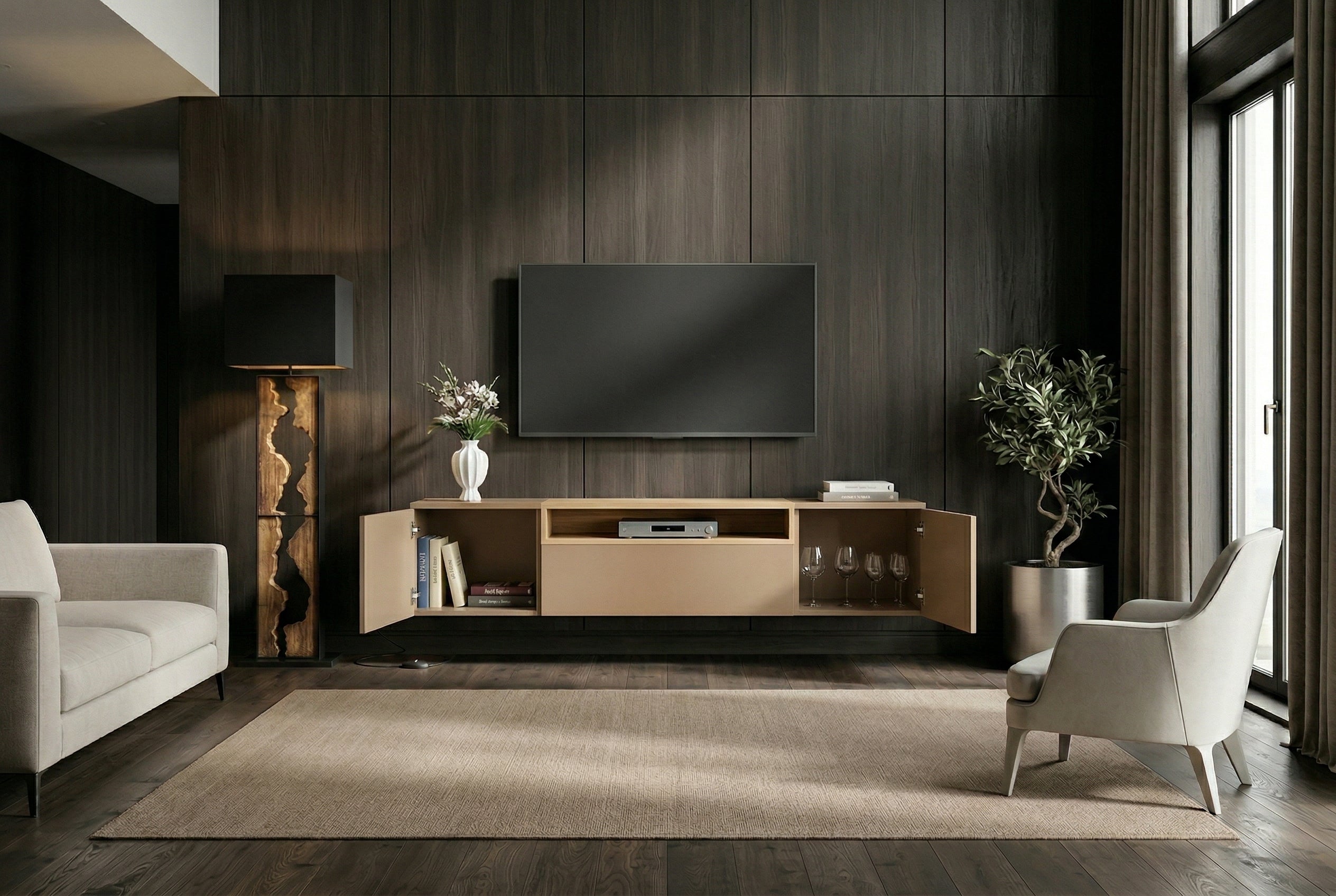 Hängendes TV-Board LOFT 160cm natur grau beige greige drei Fächer mit Schublade