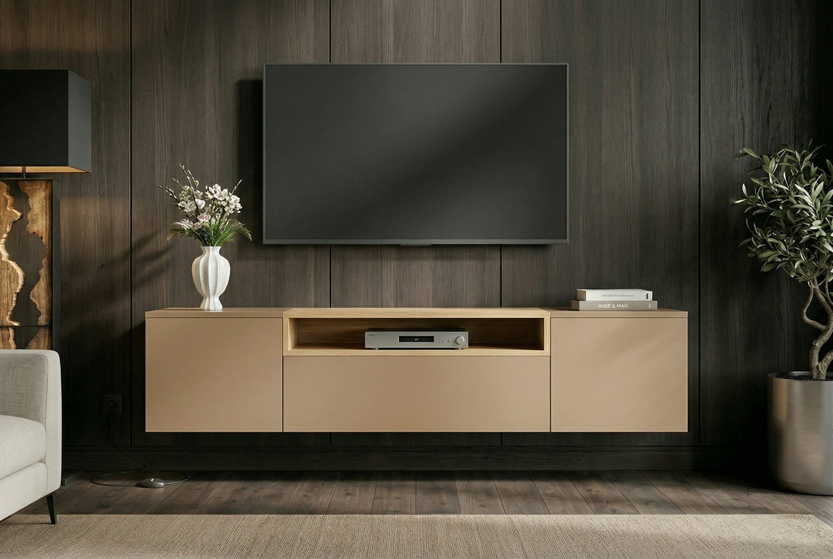 Hängendes TV-Board LOFT 160cm natur grau beige greige drei Fächer mit Schublade