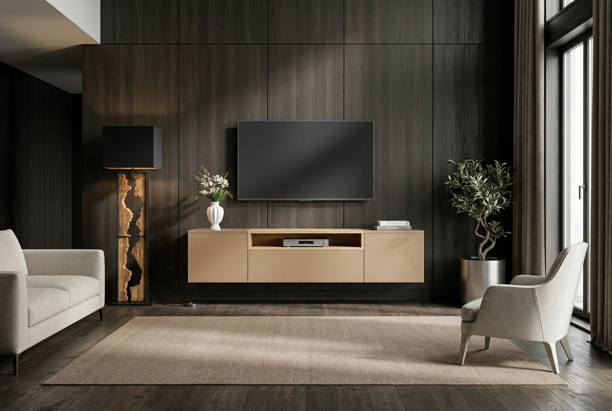 Hängendes TV-Board LOFT 160cm natur grau beige greige drei Fächer mit Schublade