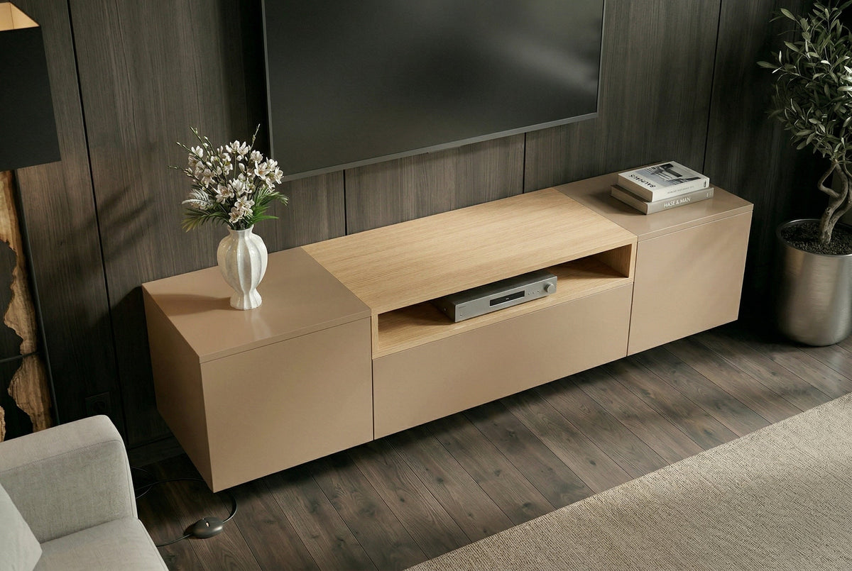 Hängendes TV-Board LOFT 160cm natur grau beige greige drei Fächer mit Schublade