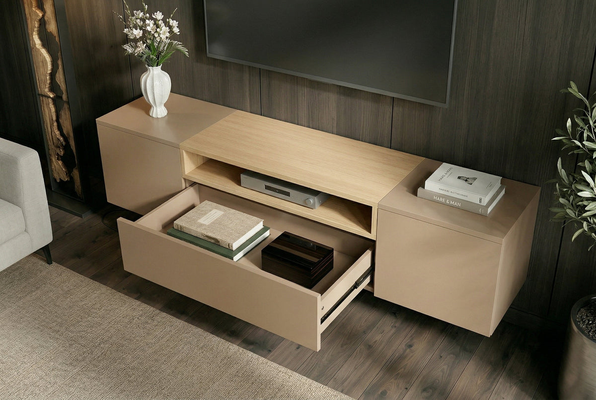 Hängendes TV-Board LOFT 160cm natur grau beige greige drei Fächer mit Schublade