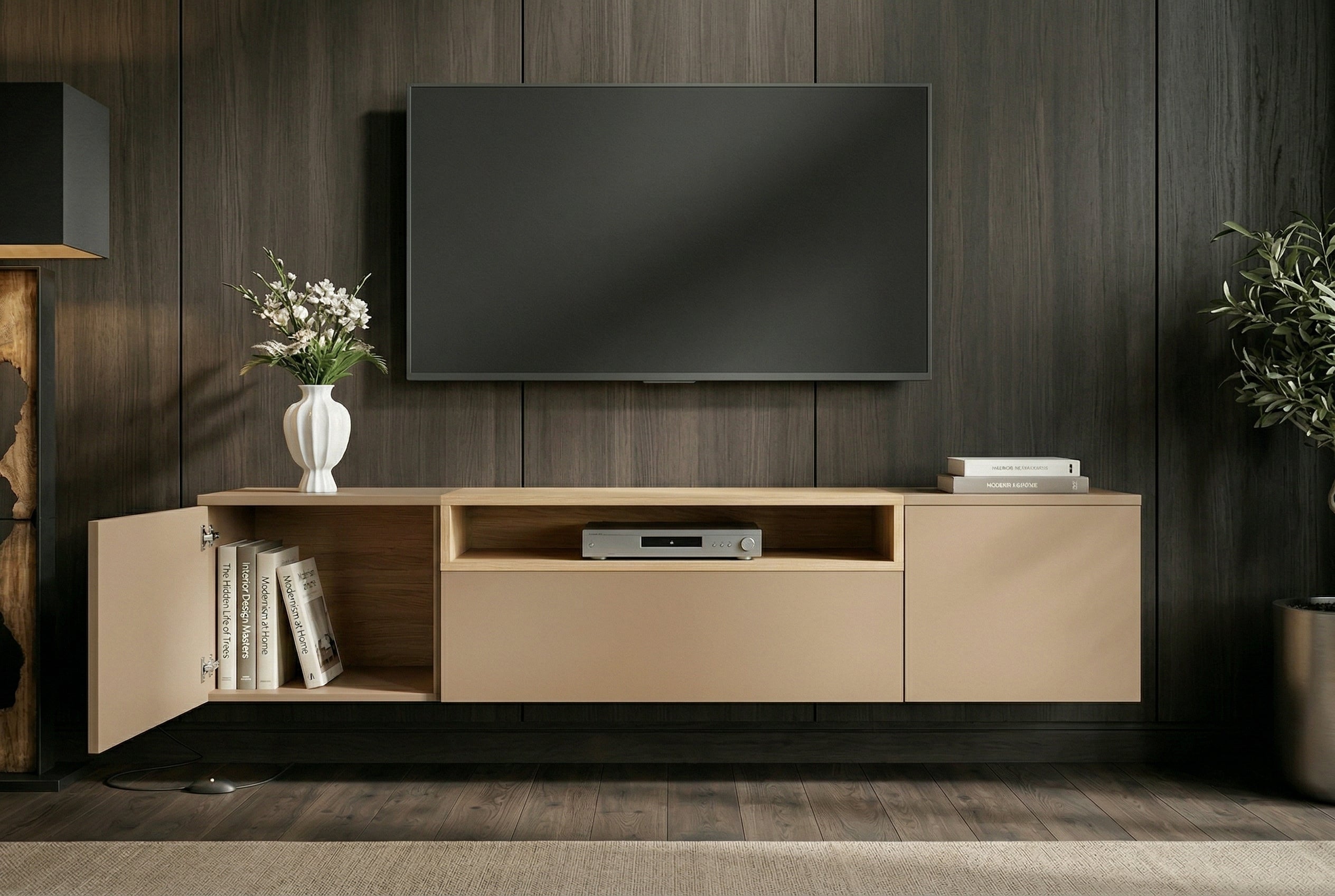 Hängendes TV-Board LOFT 160cm natur grau beige greige drei Fächer mit Schublade