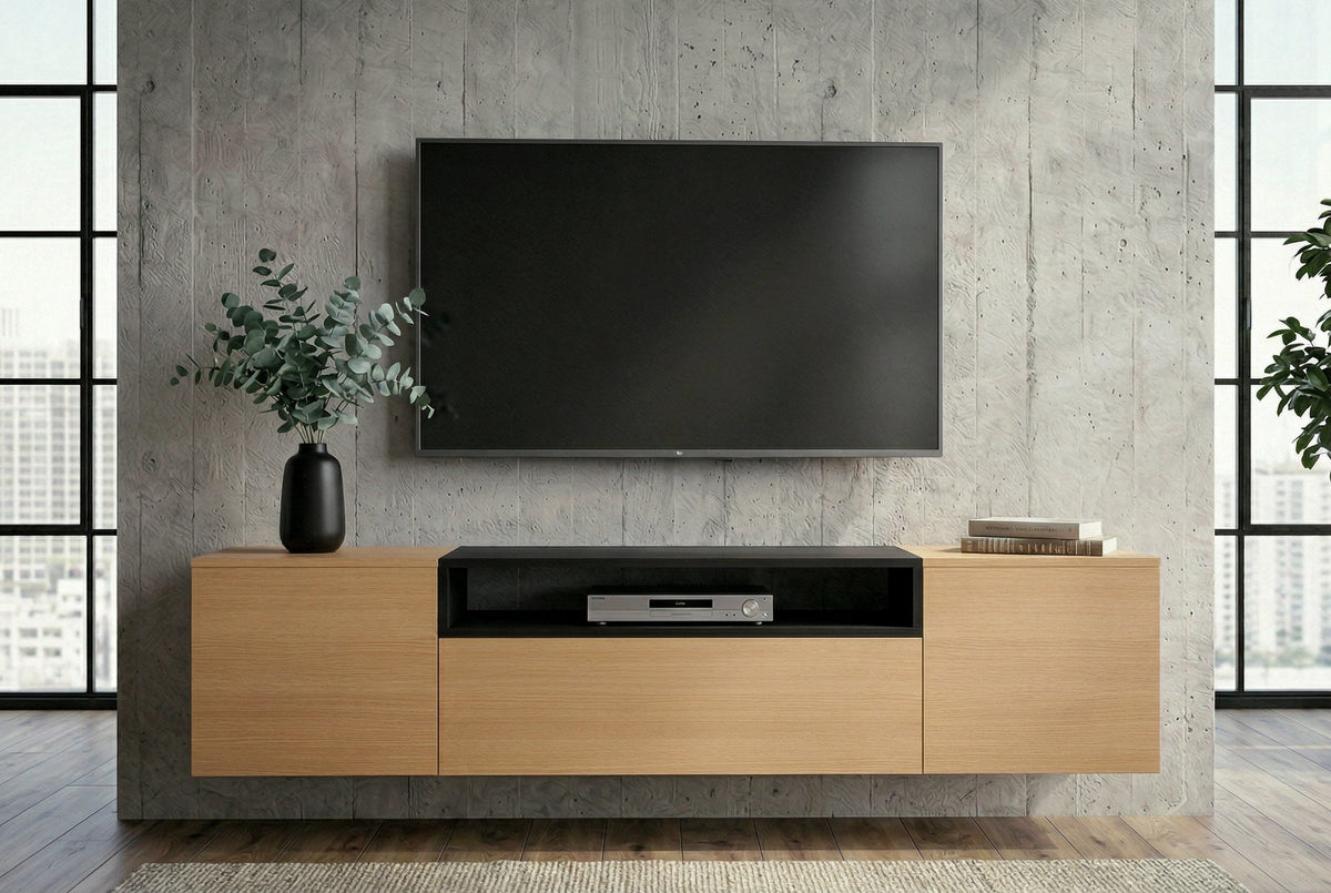Hängendes TV-Board LOFT 160cm natur schwarz drei Fächer mit Schublade