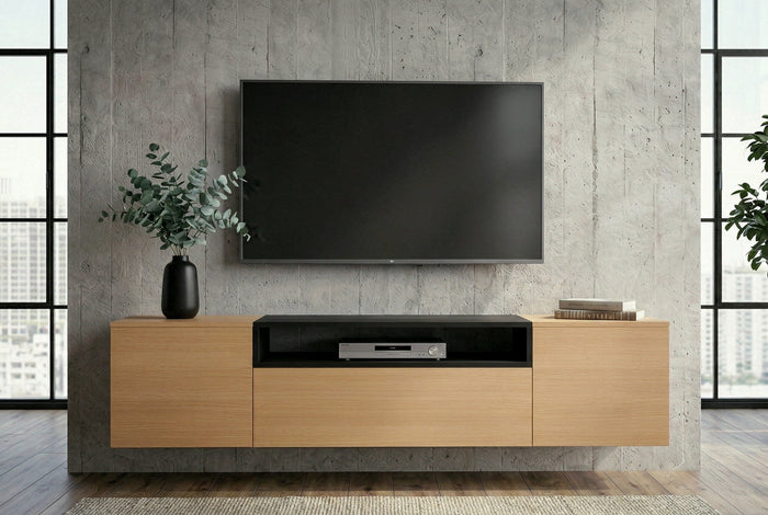Hängendes TV-Board LOFT 160cm natur schwarz drei Fächer mit Schublade