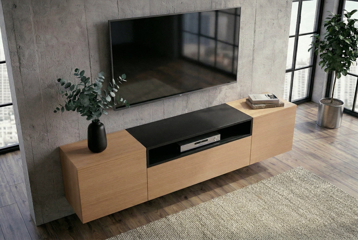 Hängendes TV-Board LOFT 160cm natur schwarz drei Fächer mit Schublade