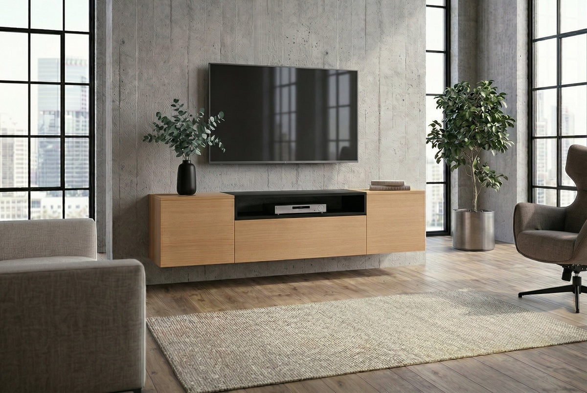 Hängendes TV-Board LOFT 160cm natur schwarz drei Fächer mit Schublade