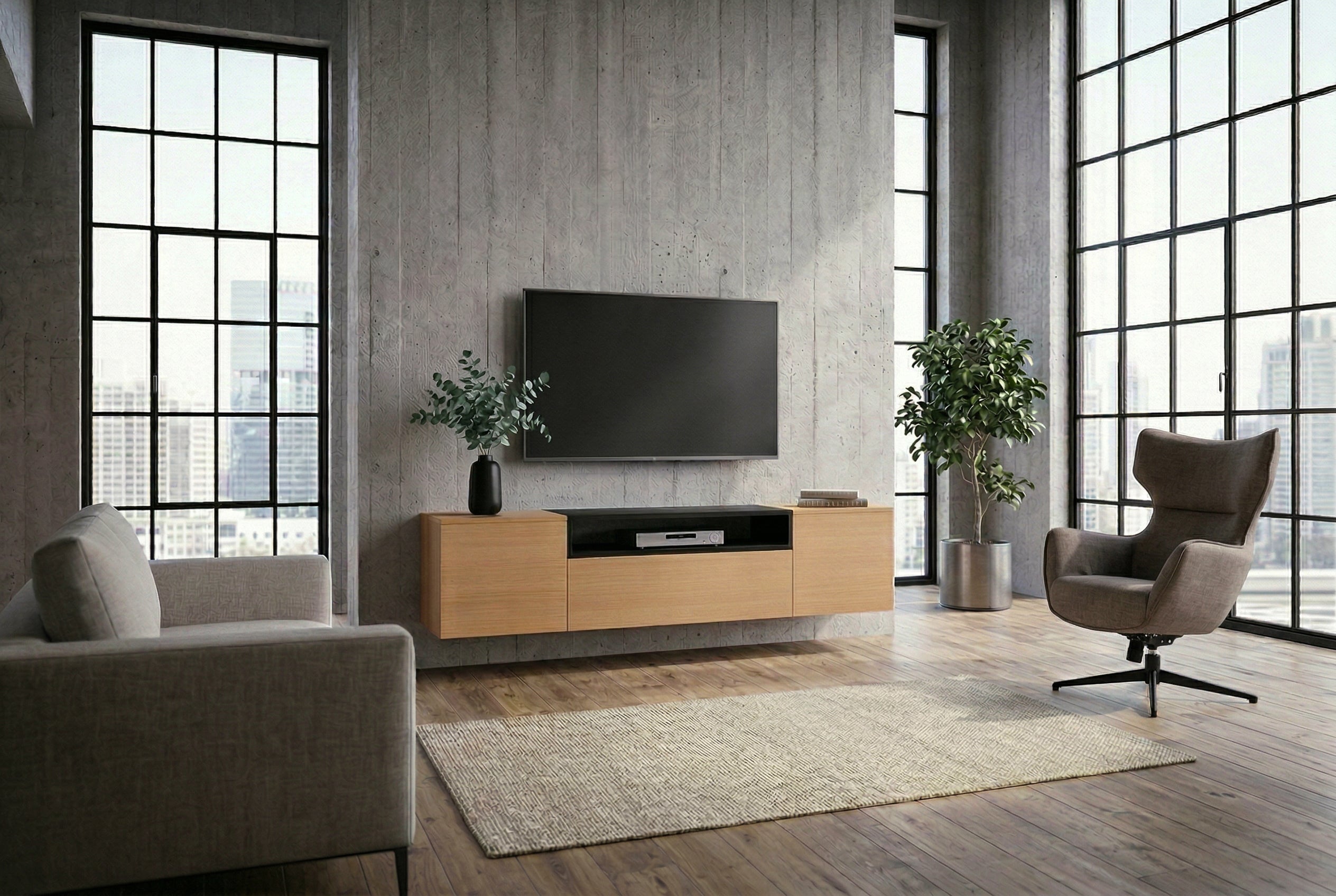 Hängendes TV-Board LOFT 160cm natur schwarz drei Fächer mit Schublade